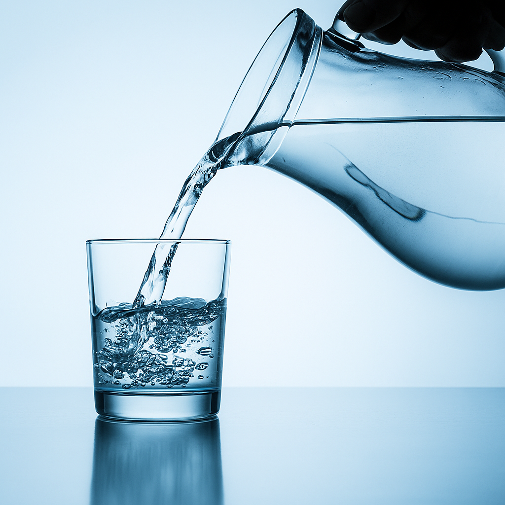 Illustration d’eau pure versée d’une carafe dans un verre pour représenter des services professionnels en traitement et amélioration de la qualité de l’eau